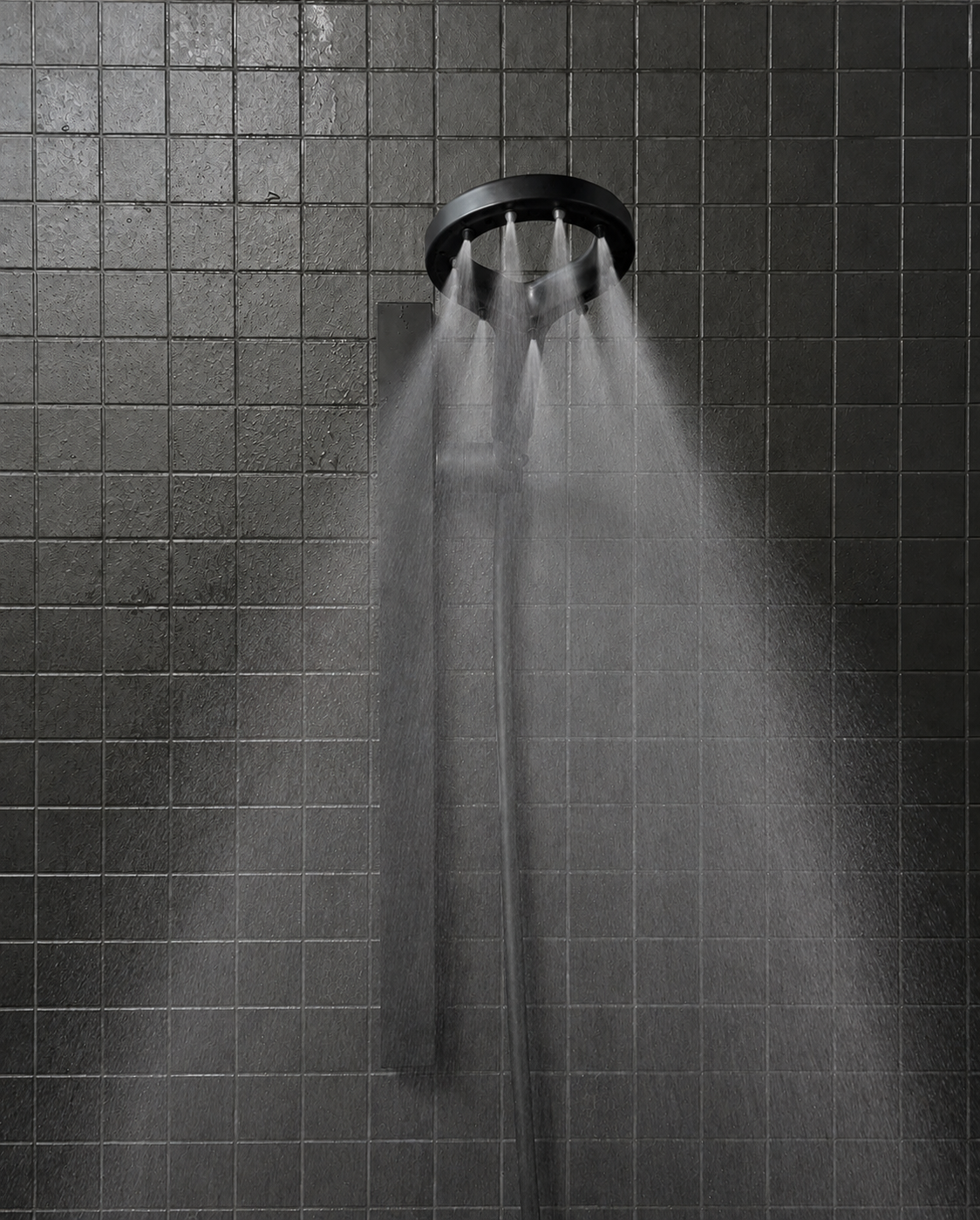 Black circular shower head spraying water against dark tiled walls
